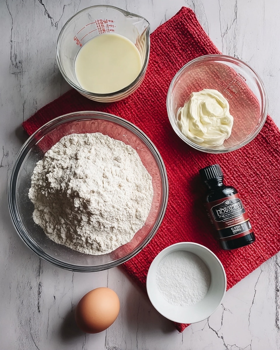 A clear glass bowl filled with a mound of white flour sits on a bright red textured cloth toward the upper right corner of the image on a white marbled surface. Next to it on the right is a small clear bottle of vanilla bean extract with a black cap and label. Below the flour bowl is a small white bowl holding a white powder, and to its left is a single brown egg sitting on the surface. Above the egg is a clear measuring cup filled with a light yellow liquid, and above that is a larger clear measuring cup filled with a creamy white liquid. To the left of the egg and the small white bowl is a small clear bowl filled with a white creamy substance. The scene is well-lit with natural light, and the objects are neatly arranged for a clean display photo taken with an iphone --ar 4:5 --v 7