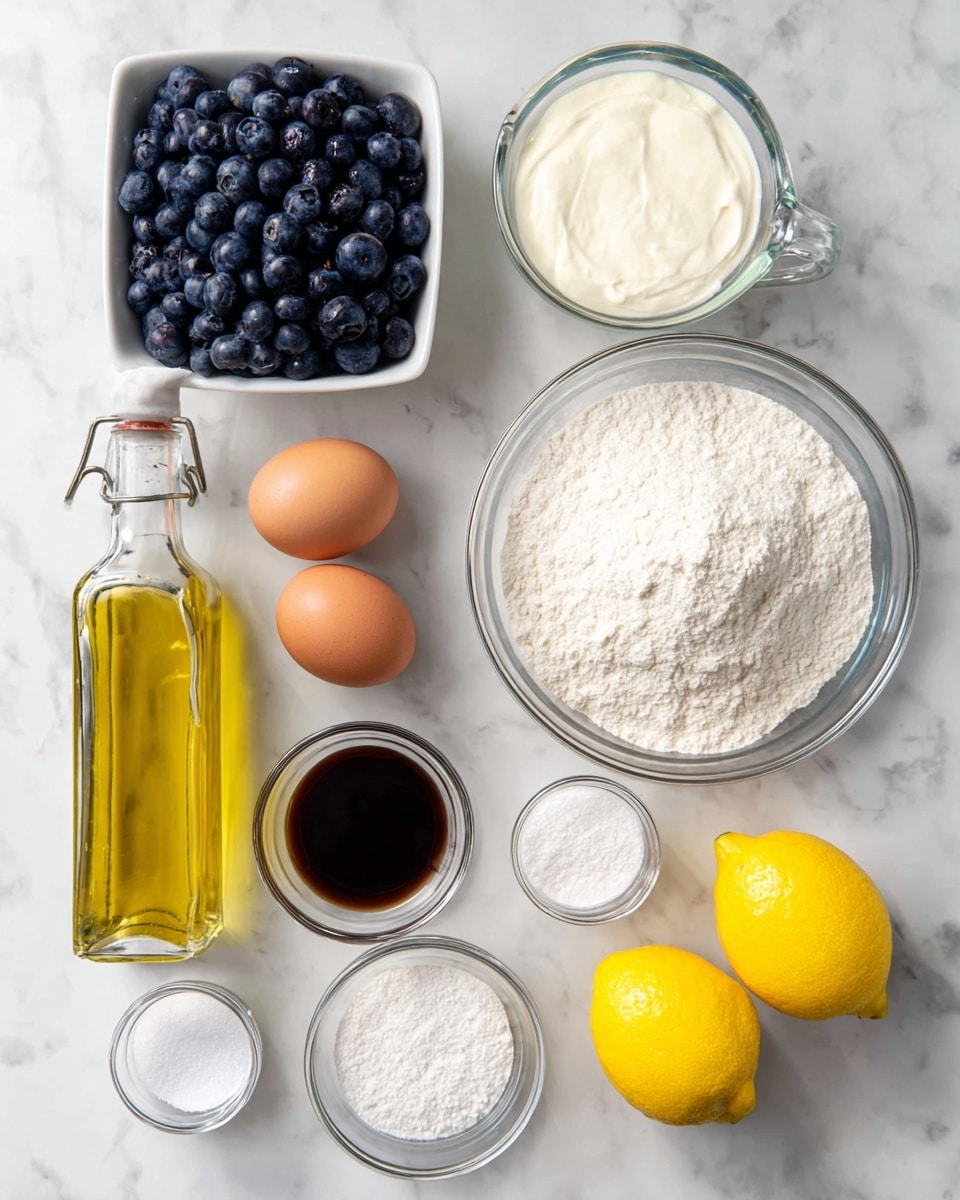 The image shows a white marbled surface with nine different ingredients arranged neatly. In the top left corner is a white square dish filled with fresh, dark blue blueberries. To its right is a clear glass bowl with white granulated sugar. Below that is a clear measuring cup filled with thick white yogurt. Two whole brown eggs sit side by side in the center. Below the eggs, a clear round bowl contains a large amount of white flour with a slightly rough texture. To the left of the flour is a tall clear bottle filled with golden olive oil with a clasp lid. Next to the oil is a small glass bowl with dark brown vanilla extract. At the bottom center are three small round glass bowls with white powders: one with baking powder, one with baking soda, and one with salt. On the far right are two bright yellow lemons with a smooth texture. All the items are neatly spaced, sitting on the white marbled surface, and the view is from above. photo taken with an iphone --ar 4:5 --v 7