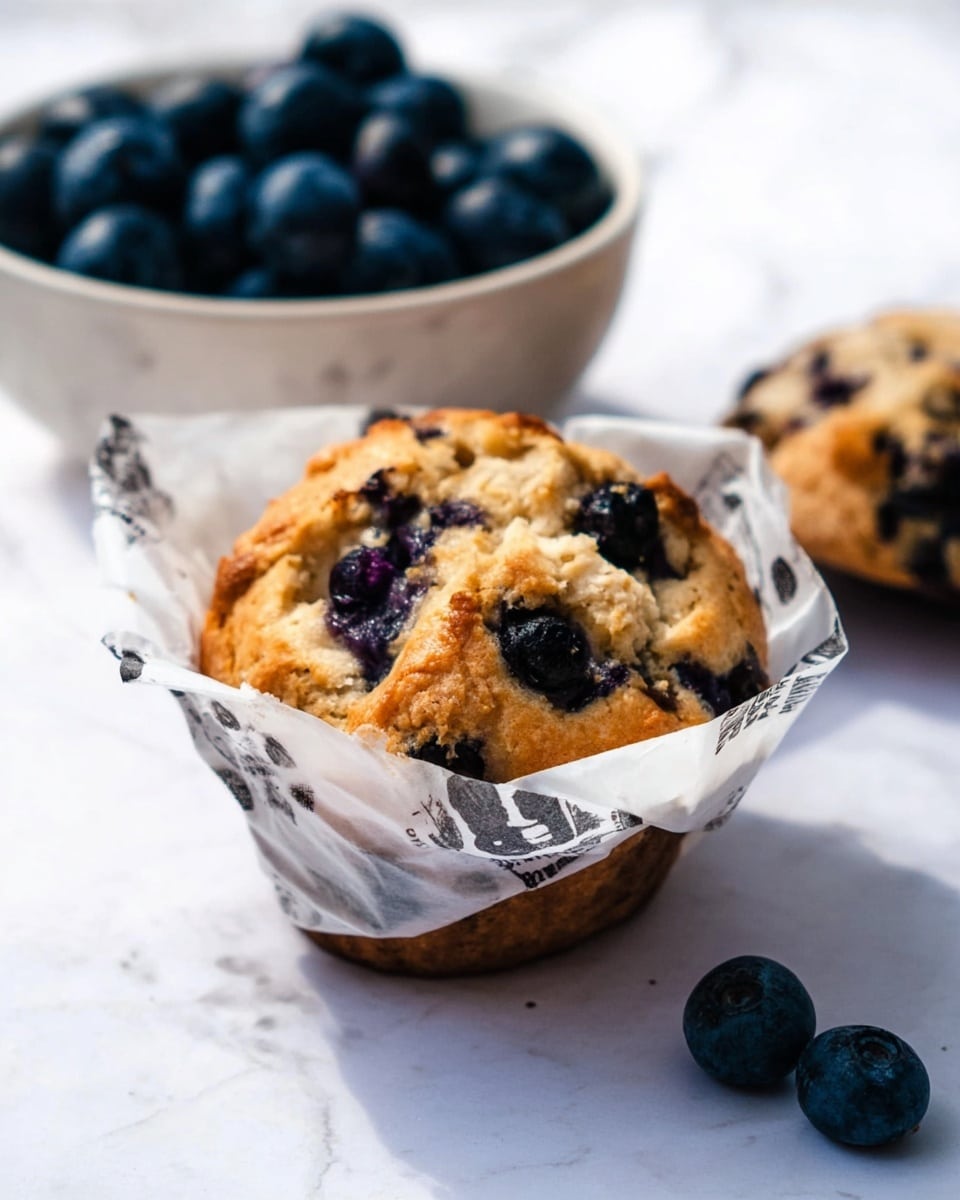 A golden brown blueberry muffin wrapped in a crumpled white paper with black print rests on a white marbled surface; the muffin has visible plump, dark purple blueberries embedded on top and throughout, giving a textured look. Behind the muffin is a soft white bowl filled with fresh, round, dark blue blueberries, slightly out of focus. A couple of loose blueberries lie on the marbled surface near the muffin, enhancing the fresh feel. The overall scene is bright with natural light highlighting the soft crumb and juicy berries. photo taken with an iphone --ar 4:5 --v 7