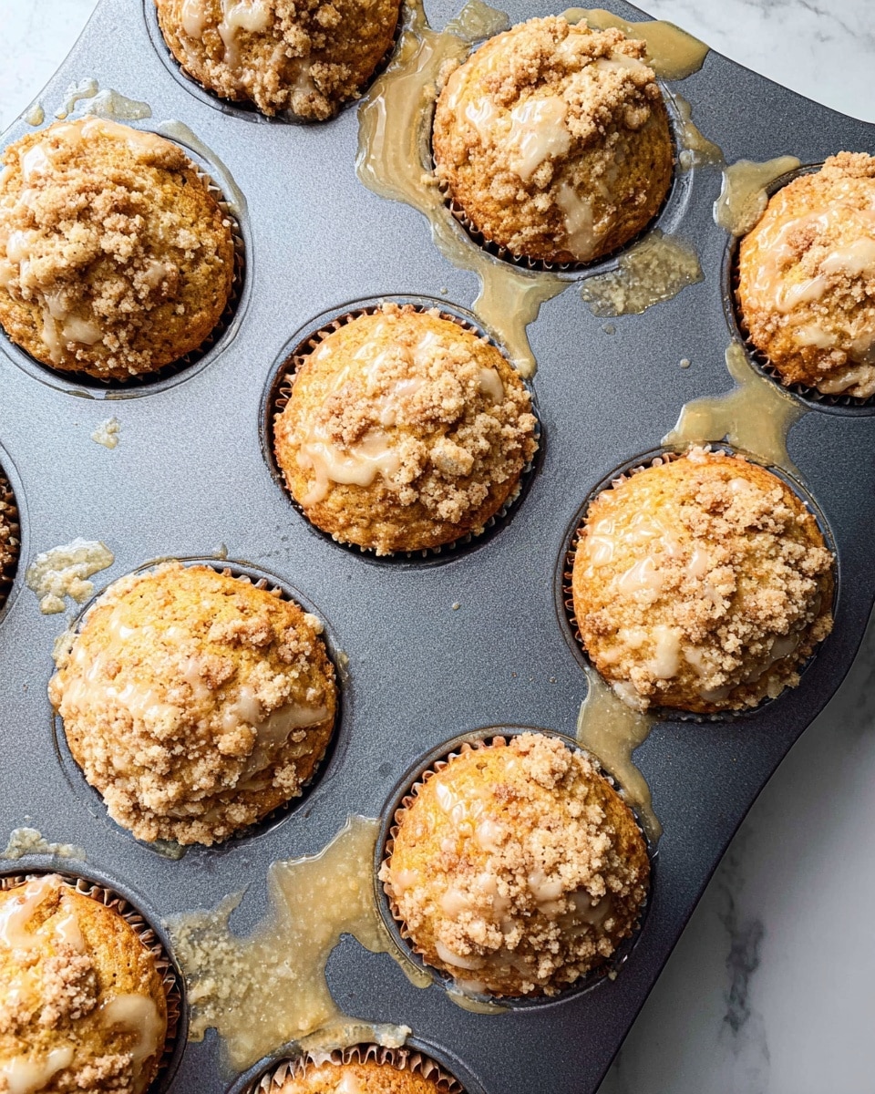 This image shows a muffin pan with 12 round muffins, each topped with a light brown crumbly layer and a shiny glaze that has spilled and dripped on parts of the gray pan. The muffins have a golden brown color with some looking puffier and slightly cracked on top, showing texture. The crumb topping is uneven and rough, scattered lightly across the surface of each muffin. The pan rests on a white marbled surface. photo taken with an iphone --ar 4:5 --v 7
