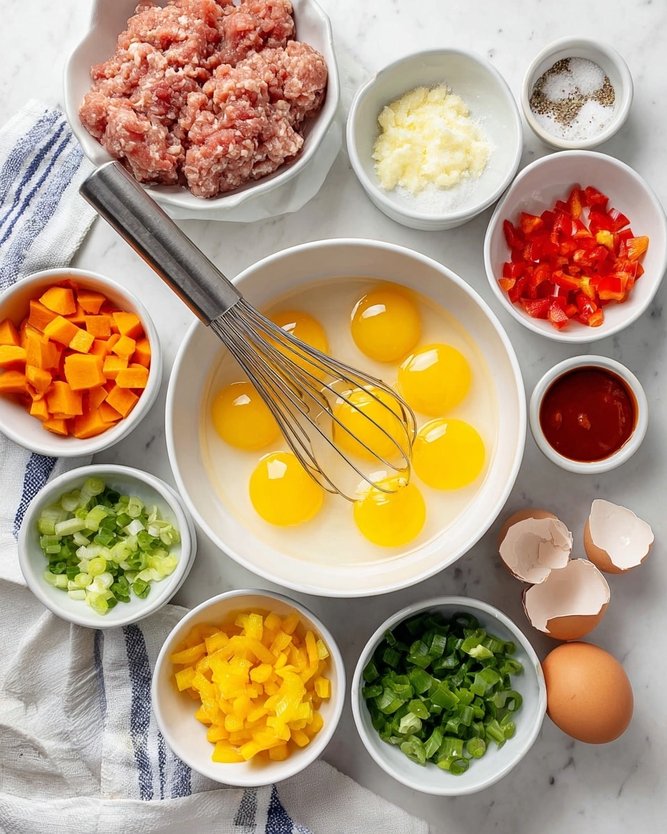 A white ceramic bowl in the center holds eight raw eggs with bright yellow yolks and clear whites, with a metal whisk resting inside. Around it are eight smaller white bowls filled with different chopped ingredients: orange sweet potato cubes, green chopped scallions, finely chopped white onions, yellow chopped bell peppers, red chopped bell peppers, green chopped bell peppers, and a bowl of raw ground meat. There are also small white bowls with powdered seasoning, a red sauce, and salt. Two whole brown eggs and broken eggshells lay on the white marbled surface near the bowls, with a white and blue striped cloth partially under the bowl with meat. Photo taken with an iphone --ar 4:5 --v 7