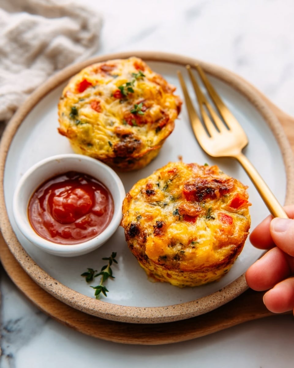 The image shows two savory muffins on a white round plate with a small bowl of red sauce beside them. Each muffin has visible bits of green herbs, red bell peppers, and melted cheese on top, giving a textured and colorful look. The muffins have a golden-brown crust with some darker spots, and the inside looks soft with small chunks of vegetables and cheese. A golden fork lies on the right side of the plate, and the scene is set on a white marbled surface with soft natural light. A woman’s hand is gently holding the edge of the plate. photo taken with an iphone --ar 4:5 --v 7