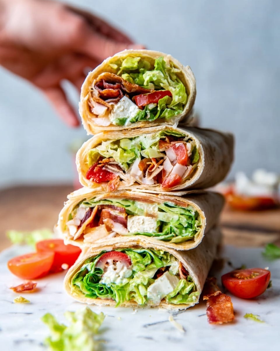 The image shows three stacked wraps filled with colorful ingredients. Each wrap has a thin, light brown tortilla wrapping around layers of green lettuce, red tomato pieces, white cheese chunks, and some light-colored meat. The wraps are placed on a white marbled surface, and some small pieces of tomato and lettuce are scattered nearby. A woman's hand is reaching to take one wrap from the top. The overall look is fresh and vibrant with the layers clearly visible. Photo taken with an iphone --ar 4:5 --v 7