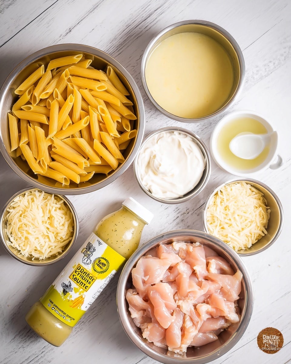 The image shows several ingredients arranged on a white marbled surface. On the left, there is a large shiny metal bowl filled with uncooked yellow penne pasta. Next to it are a small white bowl with smooth white cream cheese, and a tiny white ramekin with light yellow oil. To the right of these, a medium-sized metal bowl contains pale yellow broth or soup. Near the center, a bottle of yellow-labeled Parmesan garlic sauce rests on its side. Below it is a small white bowl filled with finely shredded pale yellow cheese, and a white measuring cup with white milk. On the far right, another large shiny metal bowl holds raw light pink diced chicken pieces. The layout is bright and clean, with all containers white or metal, and the background is a white marbled texture. photo taken with an iphone --ar 4:5 --v 7