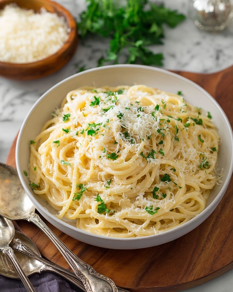 A white bowl filled with a large serving of creamy spaghetti, the pale yellow noodles twisted and piled high in a loose mound. On top, finely grated white cheese covers most of the pasta like a soft snow layer, with small bright green parsley pieces scattered over for color contrast. The bowl sits on a wooden board, and next to it are vintage silver fork and spoon with decorative handles. In the background, a wooden bowl with more grated cheese and fresh parsley leaves rest on a white marbled surface. Photo taken with an iphone --ar 4:5 --v 7