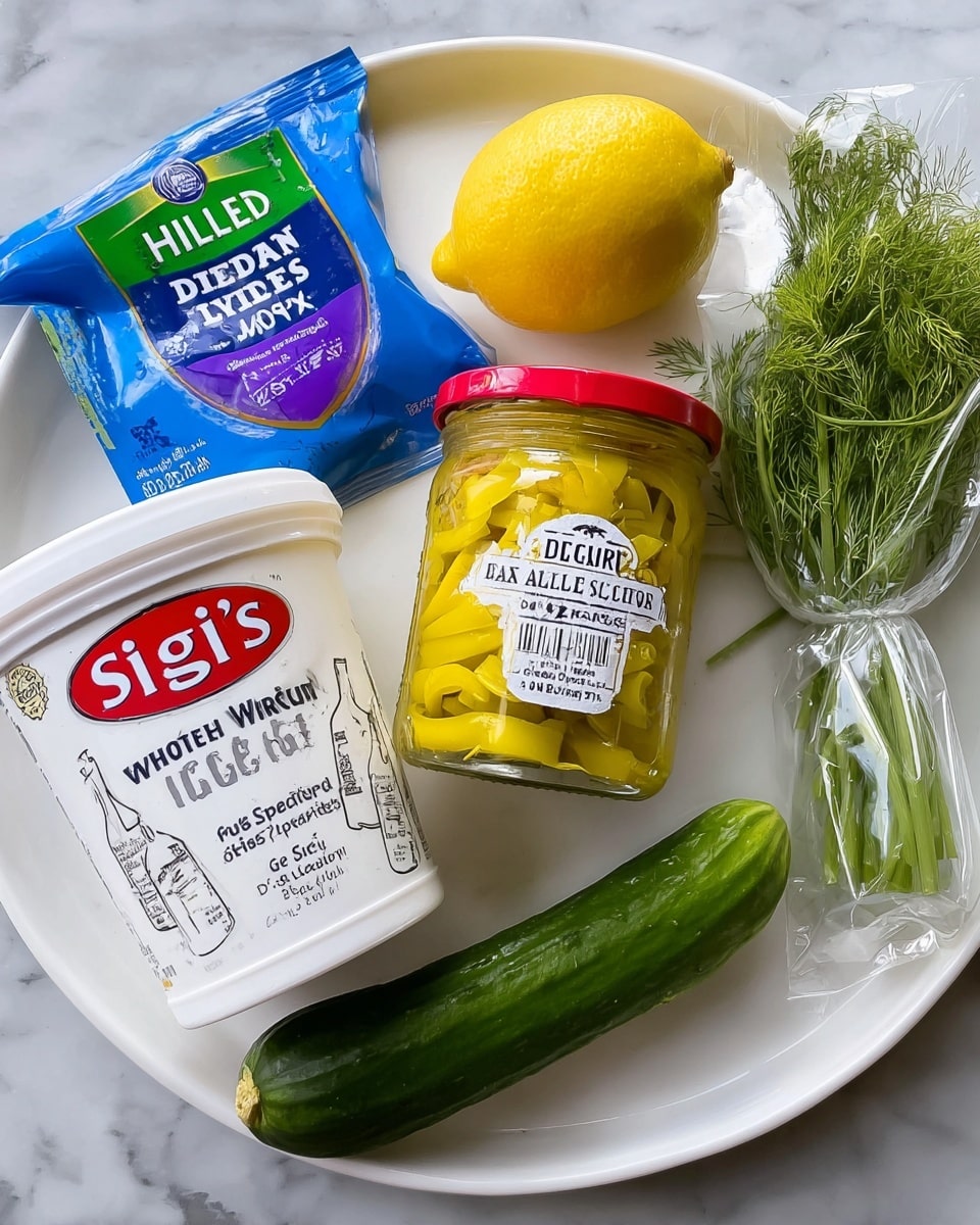 A white plate with a white marbled surface holds several ingredients arranged closely: a green cucumber lying horizontally at the bottom, above it a white container of siggi’s whole milk plain yogurt with black text and small simple bottle drawings on the label, a glass jar of bright yellow sliced golden Greek peperoncini with a red lid and label, a bunch of green dill in a clear plastic bag standing upright to the right, a packet of Hidden Valley ranch dip mix in blue and green packaging to the left, a white bowl with a whole yellow lemon inside near the top center, and a container of Spice Supreme M.S.G. seasoning in white and purple behind the bowl photo taken with an iphone --ar 4:5 --v 7