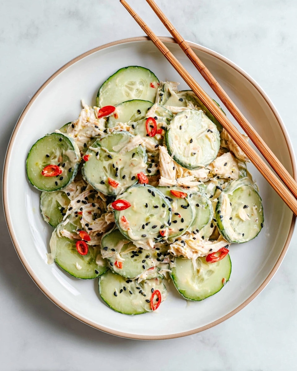 The dish shows thin, round slices of cucumber, light green with a smooth texture, layered mostly flat on a white plate. Mixed among the cucumber slices are shredded pieces of light beige crab sticks with small bright red accents. The entire dish is coated in a creamy light beige sauce and sprinkled evenly with black and toasted sesame seeds. A pair of wooden chopsticks rests diagonally on the top right edge of the plate, which sits on a white marbled surface. photo taken with an iphone --ar 4:5 --v 7