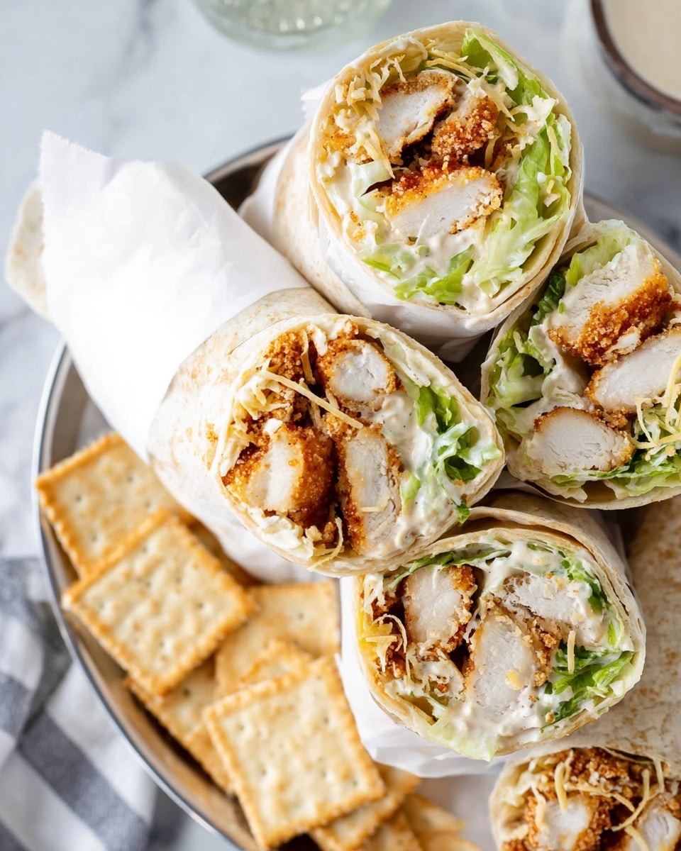 The image shows several soft white wraps cut in half and filled with layers of golden brown crispy chicken pieces, fresh green lettuce, light beige creamy dressing, light brown crouton bits, and a sprinkling of finely shredded pale yellow cheese; the wraps are wrapped partially in white paper and placed on a silver plate with square beige crackers around them, all set on a white marbled textured surface. photo taken with an iphone --ar 4:5 --v 7