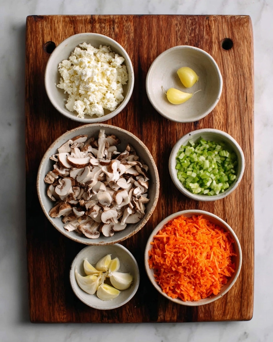 A wooden board holds five white bowls with different ingredients arranged neatly. The largest bowl at the bottom left is filled with brown and white sliced mushrooms. Above it to the left is a bowl of white crumbled cheese. To the right of the cheese is a small bowl with two yellow cloves of garlic. Below that is a bowl with bright orange shredded carrots, and at the bottom right is a small bowl with green chopped celery. The board sits on a white marbled surface. Photo taken with an iphone --ar 4:5 --v 7