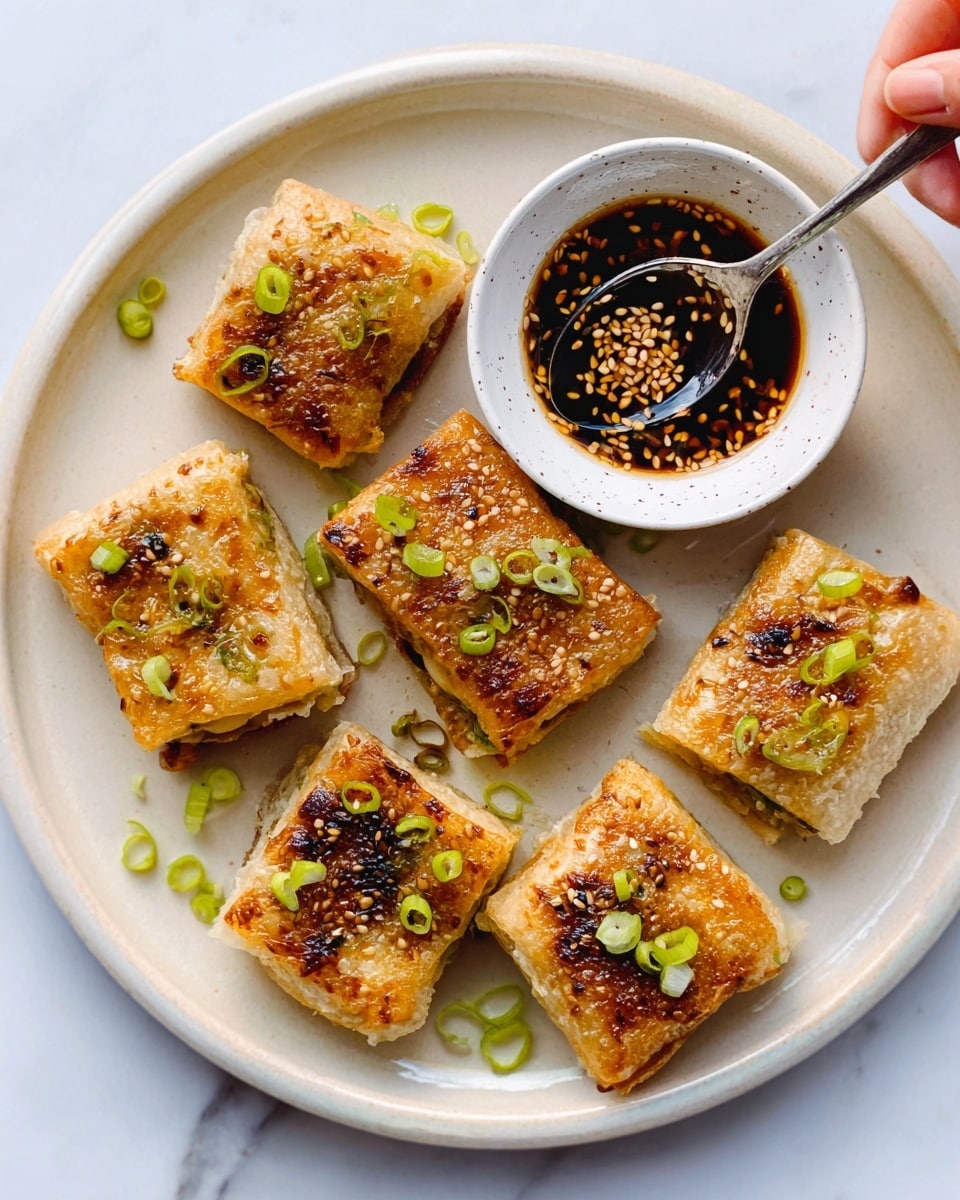 The image shows seven square-shaped, golden brown pastries with a slightly crispy and shiny surface, arranged on a white plate. The pastries have a textured top with pieces of green onion sprinkled on and around them, adding a pop of color. A small white bowl filled with a dark sauce and topped with sesame seeds is placed on the plate’s edge, with a spoon inside. A woman's hand holds the spoon, dipping it into the sauce. The plate sits on a white marbled surface. photo taken with an iphone --ar 4:5 --v 7