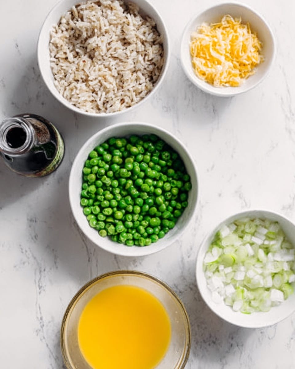 The image shows a top-down view of white bowls placed on a white marbled surface. There is one bowl with mixed white and brown rice, another bowl with bright green sliced scallions, a third bowl filled with small green peas, and a fourth bowl of finely chopped white onions. There is also a clear glass bowl with a yellow beaten egg mixture, and a dark bottle of soy sauce nearby. The bowls are arranged loosely in a circle, each containing a different ingredient, all preparing to be combined. Photo taken with an iphone --ar 4:5 --v 7