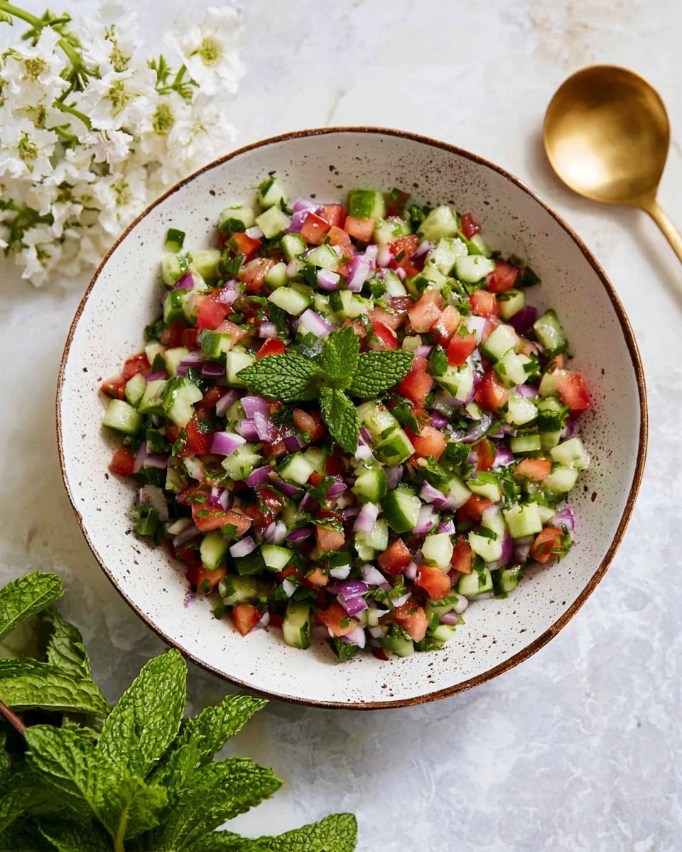 A bowl filled with a colorful mix of finely chopped vegetables like green cucumber, red tomato, bits of purple onion, and fresh green herbs layered evenly throughout. The bowl is white with small brown speckles and a thin brown rim, placed on a white marbled surface. To the side, there is a small bunch of fresh green mint leaves and a gold spoon holding some small white flowers, with more white flowers and stems nearby, adding a soft decorative touch. The scene is bright and fresh, showcasing the vibrant colors and textures of the salad. photo taken with an iphone --ar 4:5 --v 7