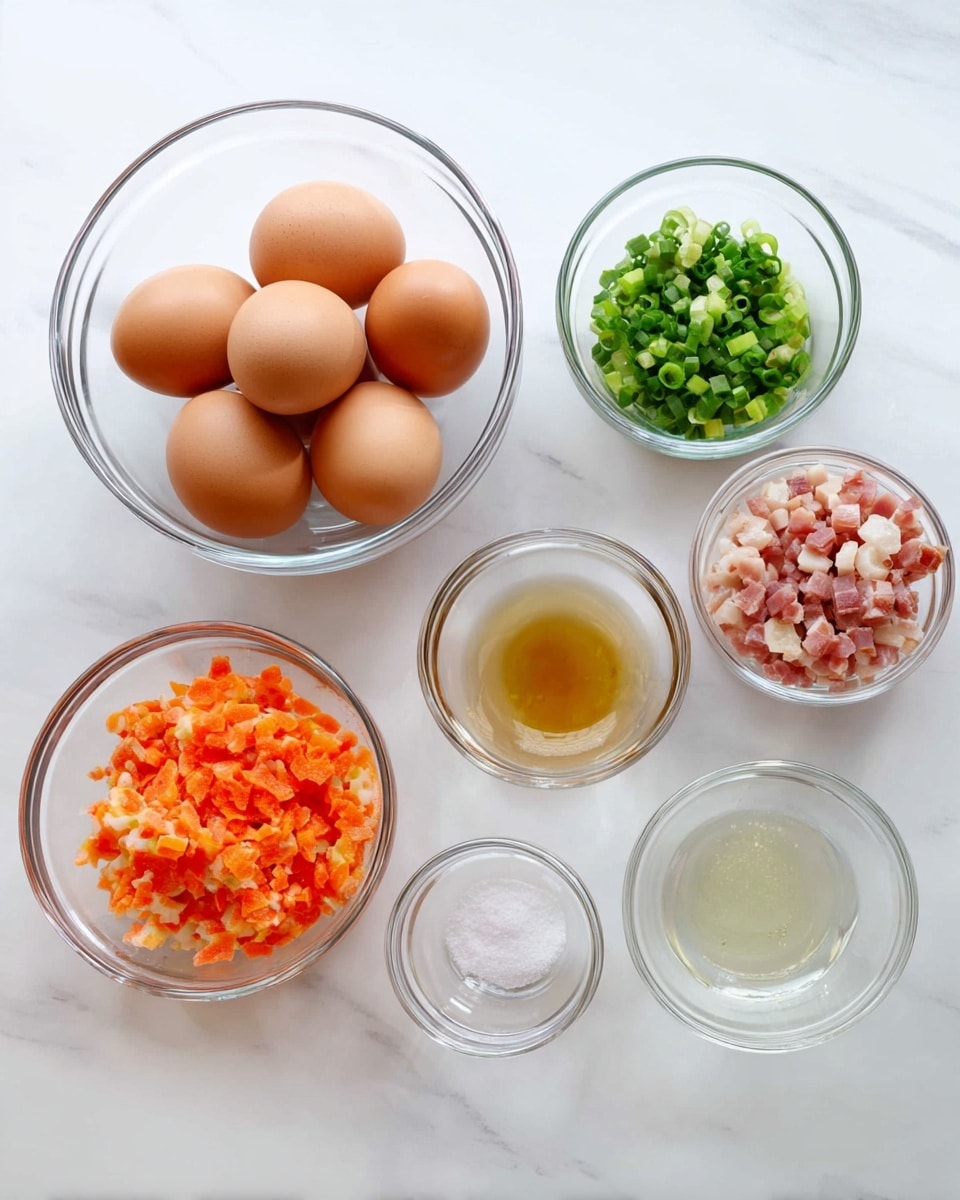 The image shows seven clear glass bowls arranged on a white marbled surface. The largest bowl on the left contains six brown eggs with smooth shells. Surrounding this bowl are six smaller bowls: one with chopped green onions, one with a small amount of light brown liquid, one with finely diced orange carrots, one with diced pink and white bacon, one with a clear liquid, and the smallest bowl with fine white salt. All bowls are neat and clear, showing the ingredients inside well, photo taken with an iphone --ar 4:5 --v 7
