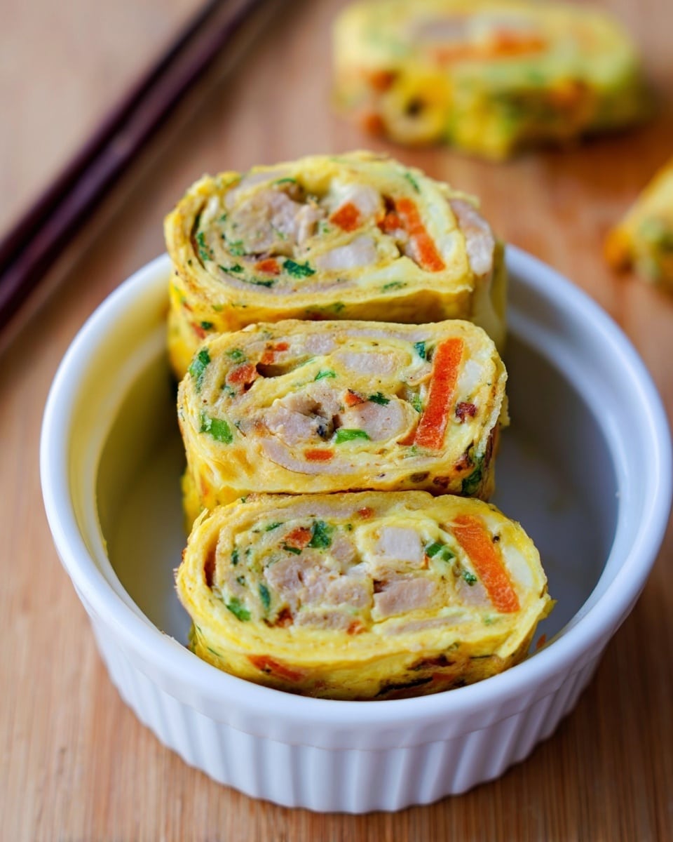 The image shows three pieces of rolled omelette slices placed vertically inside a white ramekin cup. Each slice has layers of yellow egg base with visible bits of orange carrot, green herbs, and small pieces of light-colored meat or fish inside. The texture of the omelette looks soft and fluffy with the vegetables and meat distributed evenly throughout the layers. The ramekin is placed on a wooden surface with blurred chopsticks and another omelette piece in the background. photo taken with an iphone --ar 4:5 --v 7