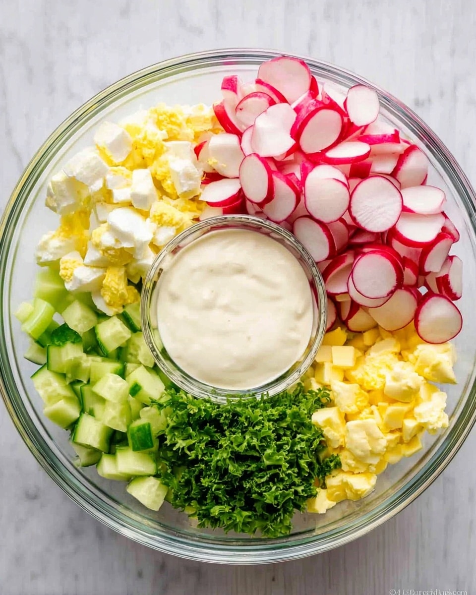 A clear glass bowl placed on a white marbled surface holds a colorful layered salad. The top layer is filled with thin, bright red and white radish slices arranged in a large cluster. Surrounding the radishes in separate sections are crisp green celery pieces on the left, small green cucumber cubes on the right, finely chopped white boiled egg pieces at the bottom left, bright yellow boiled egg yolk bits near the bottom right, and finely chopped fresh green herbs like parsley at the very bottom. In the center, a smooth, creamy white dressing sits in a smaller glass bowl, slightly raised above the surrounding vegetables. The overall look is fresh and vibrant, with clear separation of each ingredient. Photo taken with an iphone --ar 4:5 --v 7