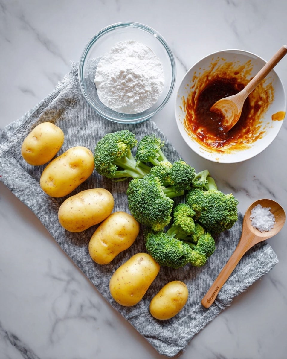 The image shows a cooking setup on a white marbled surface with a light gray cloth in the middle. On the cloth, there are eight small yellow potatoes grouped near six pieces of bright green broccoli. To the left, there is a clear glass bowl filled with white powder. Above this bowl, there is a white bowl with brown-red sauce inside and some sauce splashed on the inner sides, along with a wooden spoon resting inside the bowl. On the right side of the cloth, there is a small wooden spoon filled with white salt. The photo taken with an iphone --ar 4:5 --v 7