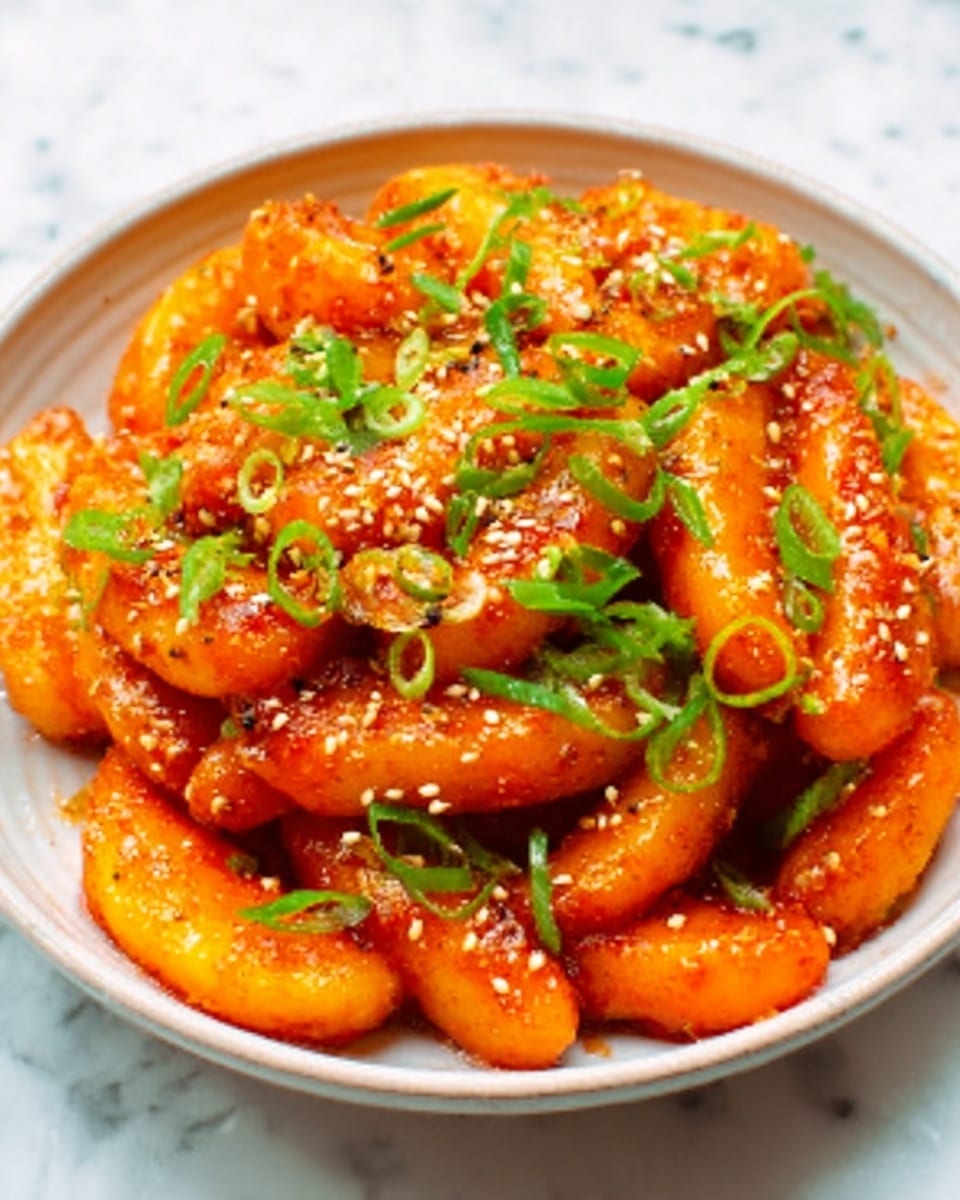 The image shows a white bowl filled with bright orange, sauce-covered rice cakes arranged in a slightly uneven pile. The rice cakes have a shiny, smooth texture from the sauce, which looks thick and sticky. On top of the rice cakes, there are small, bright green chopped scallions scattered evenly, along with a sprinkling of white sesame seeds, adding contrast to the orange color. The bowl is placed on a white marbled surface. The overall look is colorful and appetizing, with a strong focus on the vibrant orange and green colors. photo taken with an iphone --ar 4:5 --v 7