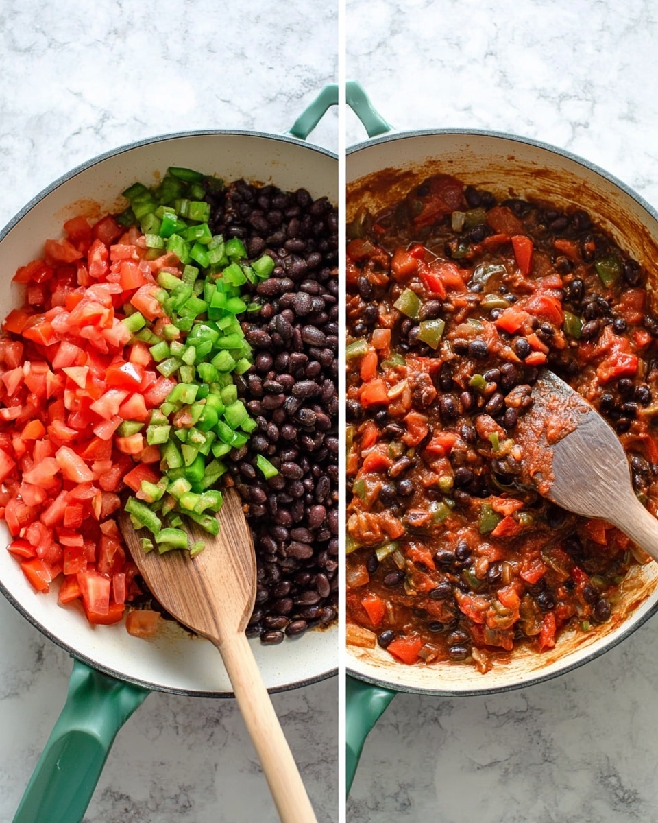 Two images side by side showing a cooking pan with food inside. On the left side, the pan contains separate layers of black beans, red chopped tomatoes, and green sliced peppers with some onion pieces, with a wooden spatula resting inside. On the right side, the same pan shows the ingredients stirred and cooked together, forming a mixed, thick, chunky texture with black beans, softened red tomatoes, and green peppers all blended. The pan is white with a green handle, and the background is a white marbled texture. Photo taken with an iphone --ar 4:5 --v 7