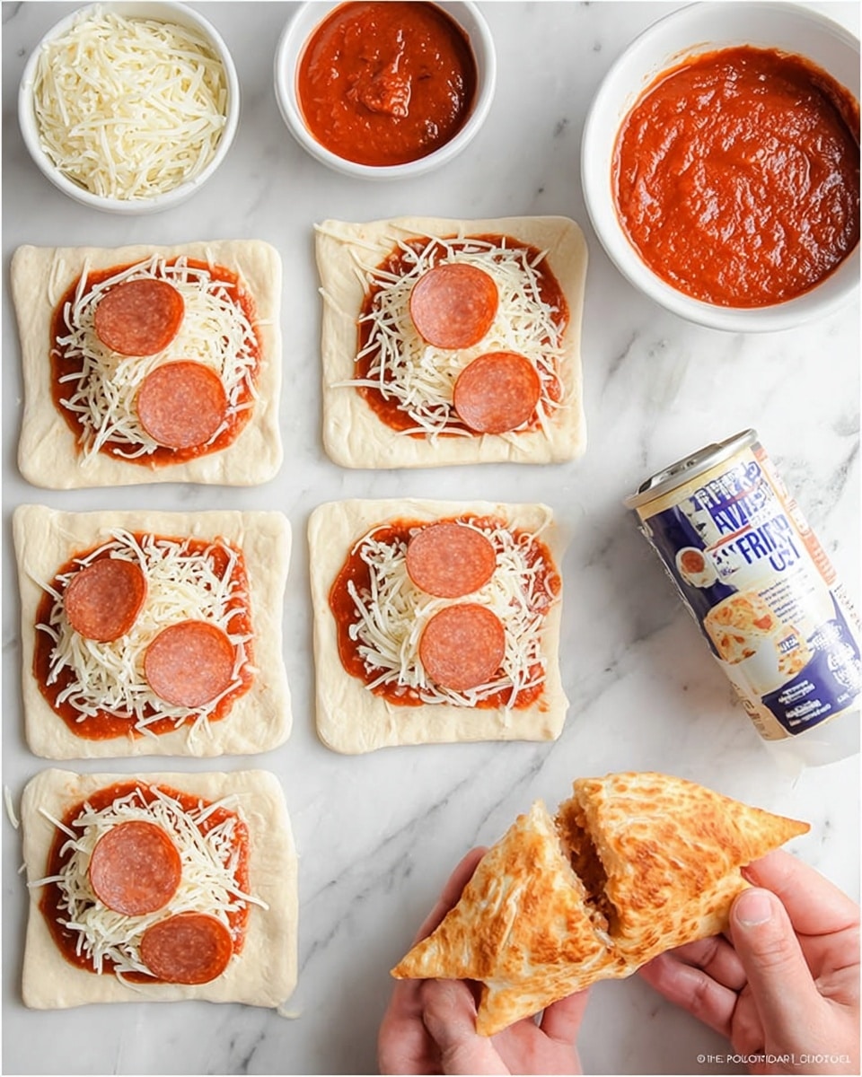 The image shows six square pieces of dough placed on a white marbled surface, each topped with a diagonal spread of red tomato sauce, a layer of shredded white cheese, and two round slices of light pink pepperoni. Above this setup, there are three small white bowls containing tomato sauce, shredded white cheese, and pepperoni slices respectively, next to a can of pizza crust spray. To the right, a woman's hand is holding a half-folded pizza pocket, revealing melted cheese and tomato sauce inside a golden-baked crust. Photo taken with an iphone --ar 4:5 --v 7