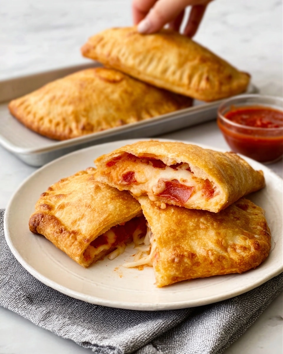 The image shows a white plate with three golden-brown calzones on top. Two calzones are whole, and one is cut in half showing the inside layers of melted cheese and red tomato sauce with small pieces of pepperoni. The crust looks crispy and slightly puffed, with a light sheen. In the background, there is a white tray holding another calzone and a small bowl of red sauce on a soft, grey cloth over a white marbled surface. A woman's hand is reaching toward the food. Photo taken with an iphone --ar 4:5 --v 7