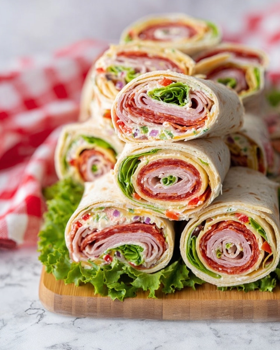 The image shows several rolled sandwich wraps stacked on a wooden board with green lettuce leaves placed underneath. Each wrap has four visible layers inside: a light beige tortilla on the outside, followed by a creamy spread with small colorful bits, a pinkish deli meat layer, a bright red pepperoni layer, a pale yellow cheese layer, and fresh green lettuce leaves in the middle. The wraps are sliced to show the spiral pattern of the layers clearly. The background has a soft white marbled texture and a blurred red and white checkered cloth is partially visible. Photo taken with an iphone --ar 4:5 --v 7