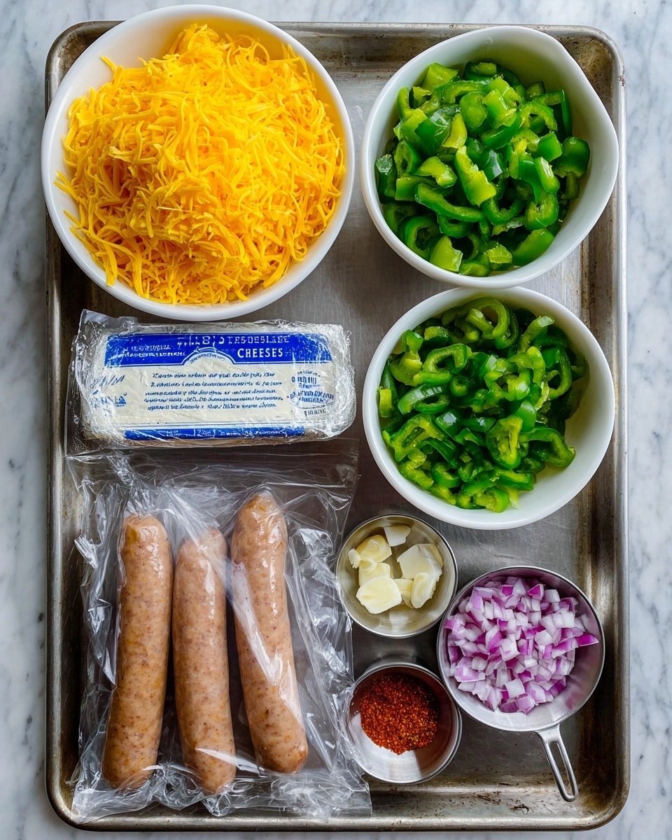 A metal tray on a white marbled surface holds ingredients arranged neatly. At the top left is a white bowl filled with bright yellow shredded cheese, next to it on the right is a white bowl with chopped green bell peppers, and below that is a white bowl containing finely chopped red onions with white parts mixed in. Center left on the tray is a rectangular foil package of cream cheese with blue text, and below it is a clear vacuum-sealed pack with four light brown sausages inside. To the right middle of the tray, a small silver cup holds a bright red spice powder, and below it is another small silver cup with chopped garlic. The photo taken with an iphone --ar 4:5 --v 7
