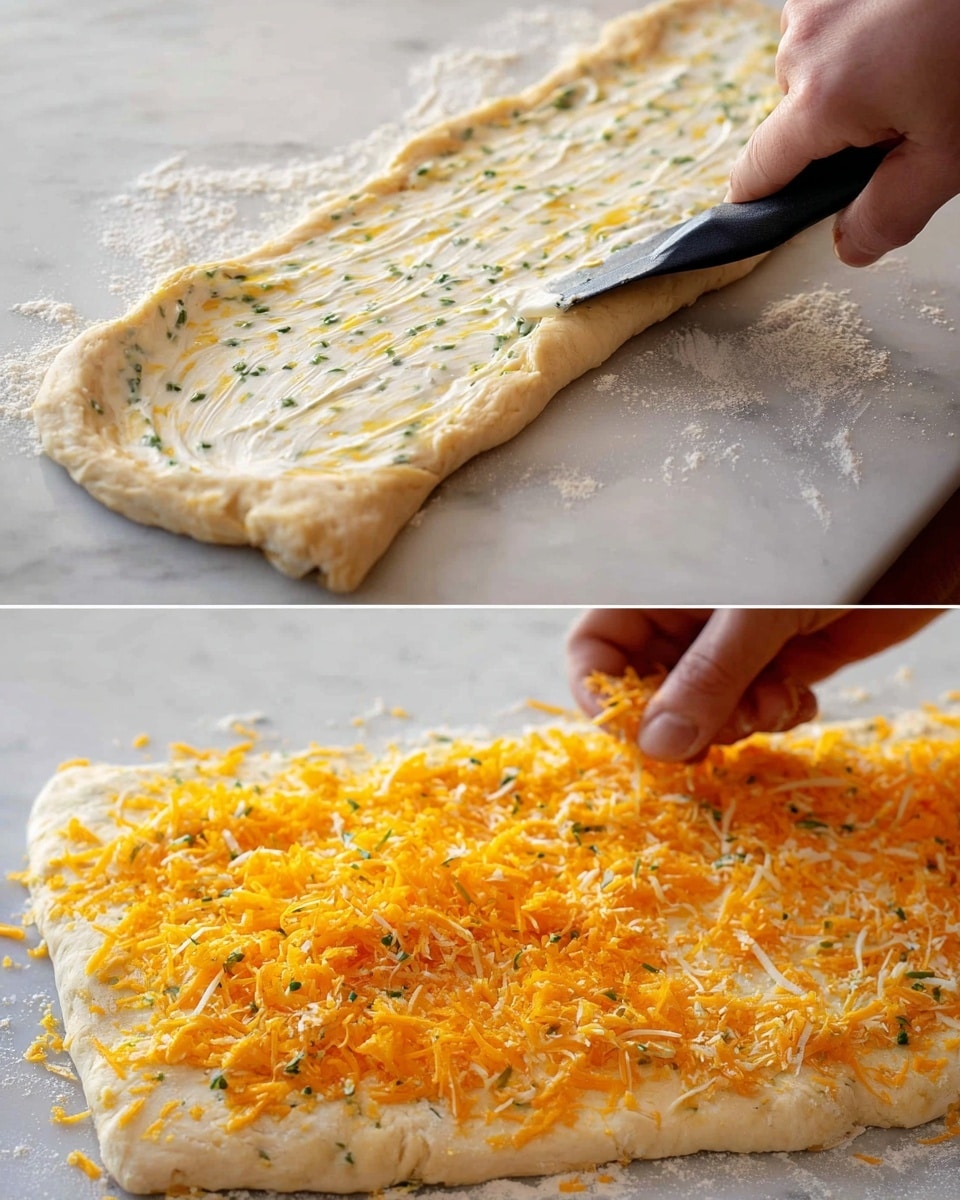 The top part shows a close-up of a rolled dough spread with a thick, creamy layer of herb butter that is white with small green and yellow specks, being spread by a woman's hand holding a black-handled spatula, all on a white marbled surface dusted slightly with flour. The bottom part shows the same dough now sprinkled generously with bright orange shredded cheese scattered unevenly across the herb butter layer, with a woman's hand gently sprinkling more cheese on top, also on the white marbled surface. photo taken with an iphone --ar 4:5 --v 7