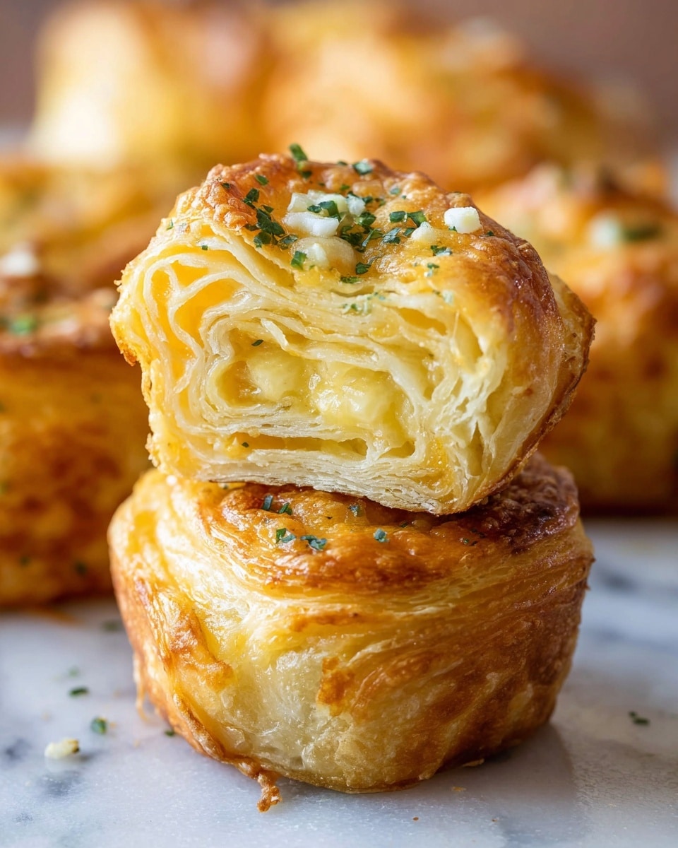 The image shows two golden, flaky cheesy rolls stacked on a white marbled surface. The top roll is broken in half, revealing many thin, soft, yellow layers of dough filled with melted cheese inside. The outside of both rolls is crisp and browned, with small bits of green herbs and white garlic pieces sprinkled on top. Other similar rolls are out of focus in the background, showing their layered textures and golden crusts. photo taken with an iphone --ar 4:5 --v 7