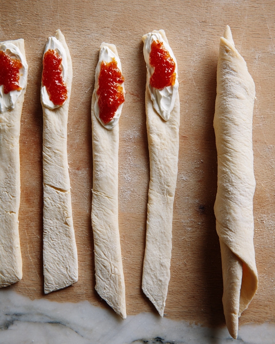 The image shows five long, thin dough strips laid out on a wooden surface. Each strip is pale beige and has a soft, slightly rough texture. Four of the strips have a dollop of white cream near the wider end, topped by a small amount of thick, bright orange-red jam. The fifth strip is fully rolled up from the wide end, forming a cylindrical shape with a pointed tip. The background is a white marbled texture. photo taken with an iphone --ar 4:5 --v 7
