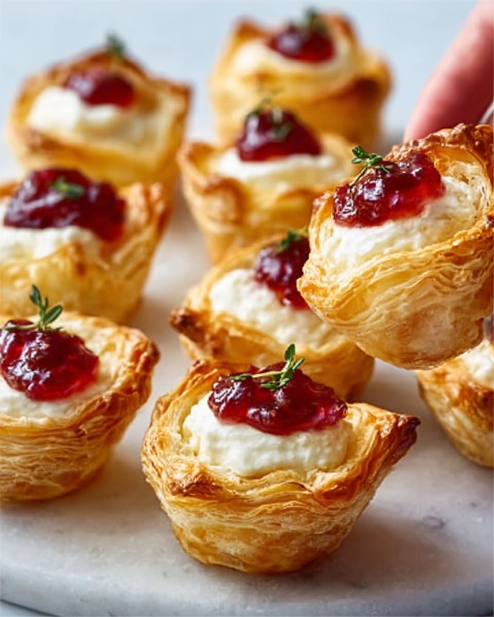 The image shows several small puff pastry cups arranged on a white marbled surface. Each cup has a golden brown, crispy, and flaky texture with many thin layers making up the pastry. Inside each cup is a smooth, white cream layer topped with a spoonful of bright red jam or jelly. Small green thyme leaves are sprinkled on top of some cups, adding a fresh color contrast. A woman's hand is gently holding one of the pastry cups, showing a close-up view of the details. photo taken with an iphone --ar 4:5 --v 7