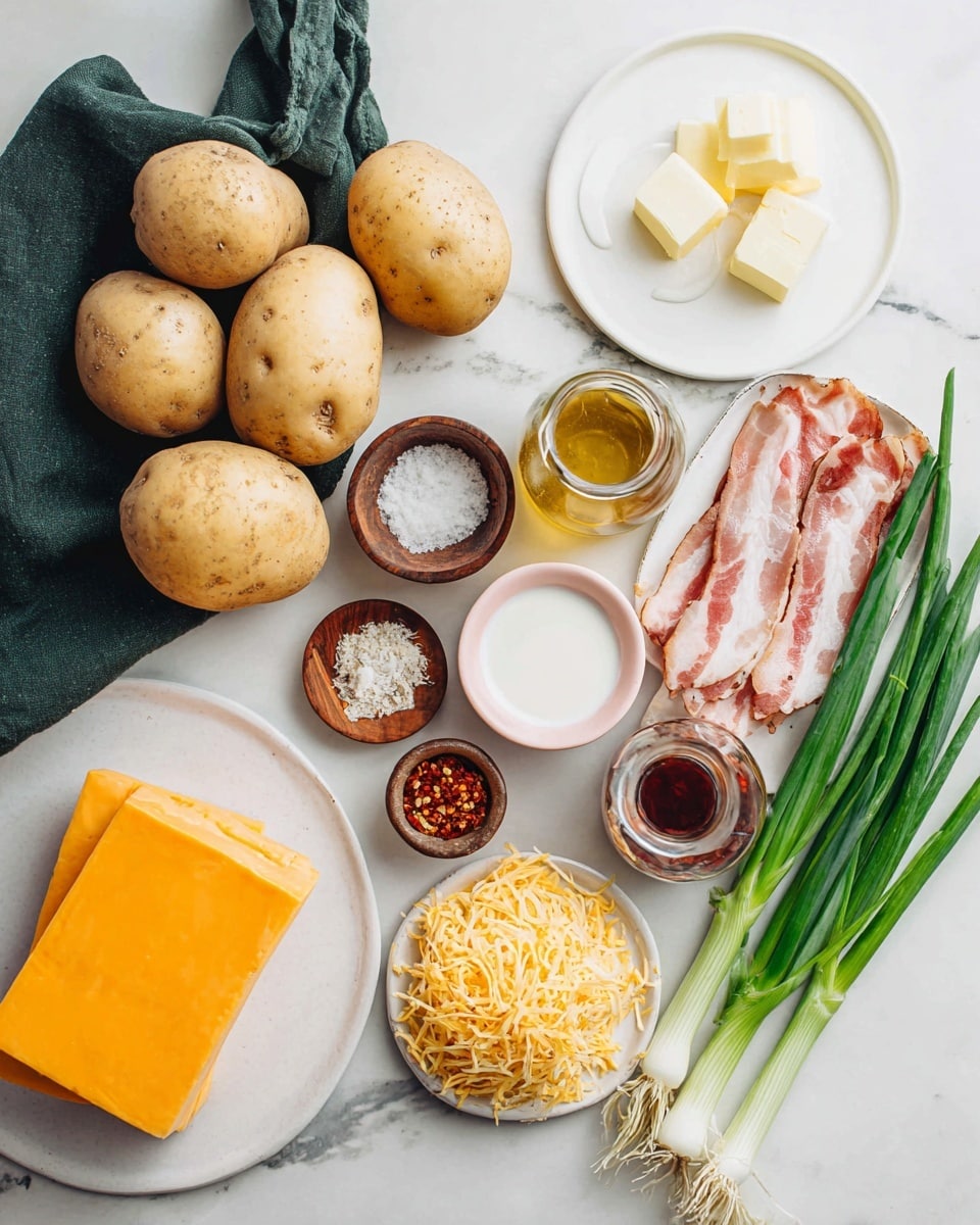 The image shows raw ingredients neatly arranged on a white marbled surface. There are seven whole light brown potatoes grouped next to a dark green cloth. Near them are two small wooden bowls, one with salt and the other with pepper. A white butter dish holds a block of pale yellow butter with a few small cubes cut from it. A small pink bowl contains white sour cream, placed near a glass jar filled with golden oil. Next to these, a bottle of red chili flakes lies beside three fresh green onions with long stalks. On a white plate to the right, there are five raw slices of streaky bacon with a pink and white color. At the bottom left, a white plate holds a block of orange cheddar cheese with a small pile of shredded cheese in front of it. The photo taken with an iphone --ar 4:5 --v 7