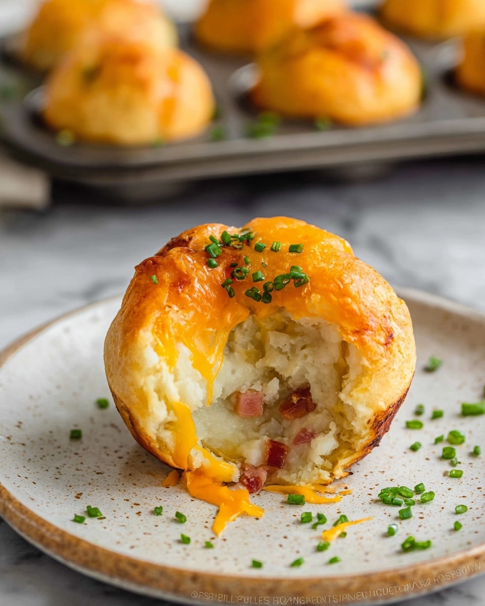 A golden brown baked ball with a shiny crust, partially bitten to show a soft, white mashed potato filling mixed with small bits of pinkish bacon inside. On top of the filling is a layer of melted bright orange cheese oozing out, with scattered small green chives adding color. The ball sits on a speckled white plate with a few more chopped green chives around it, all placed on a white marbled surface. In the background, a muffin tray holds more of the baked balls, slightly blurred. photo taken with an iphone --ar 4:5 --v 7