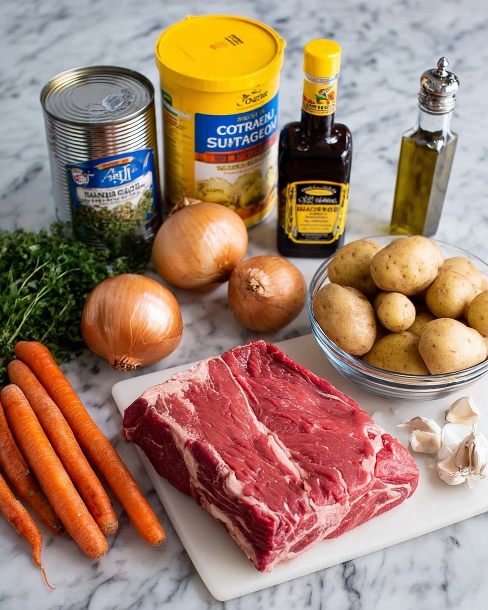 A large piece of raw red meat with white fat marbling lies on a white cutting board in the front left. Behind it, a clear glass jar with green fresh herbs stands next to a silver can of beef broth with a blue label. To the right of the can is a big yellow container of corn starch with a blue lid. Next to it is a tall dark brown bottle of Worcestershire sauce with a yellow label. In a clear glass bowl on the right, there are many round light brown potatoes. In front of the bowl, several long orange carrots and a large brown onion sit next to white garlic cloves scattered on the white marbled surface. On the far right, there is a clear glass bottle of olive oil with a metal spout and a clear pepper grinder with black pepper inside. The whole scene is set on a white marbled texture. photo taken with an iphone --ar 4:5 --v 7
