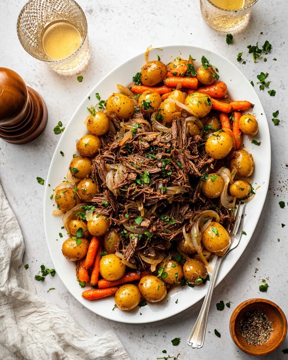 The dish is served on a large white oval plate placed on a white marbled surface. In the center, there is a pile of shredded, dark brown cooked meat sprinkled with small green herb leaves. Surrounding the meat is a layer of whole small golden baby potatoes, cooked onions with a translucent light brown color, and bright orange carrot sticks. The vegetables are mixed evenly around the meat, with some pieces resting slightly on top. On the right side of the plate, a silver fork rests among the food. Nearby, there is a clear textured glass filled with a light drink, a wooden pepper grinder, and a small bowl with ground pepper. The overall colors are warm and earthy, with glossy textures on the vegetables and meat, and fresh herb garnish for contrast. photo taken with an iphone --ar 4:5 --v 7