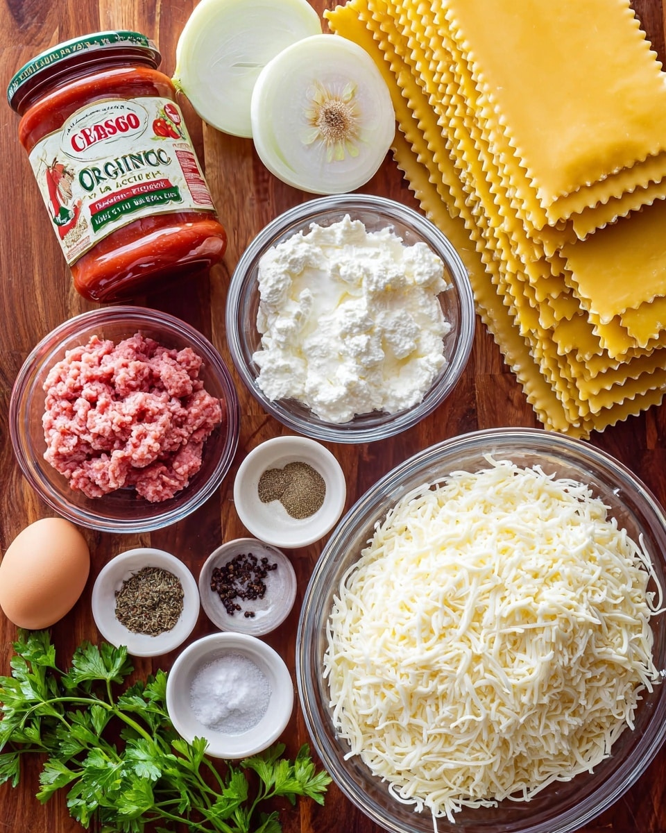 A clear glass bowl holds a large pile of shredded white mozzarella cheese with a soft texture on the right side. To its left, there is a jar of red pasta sauce labeled