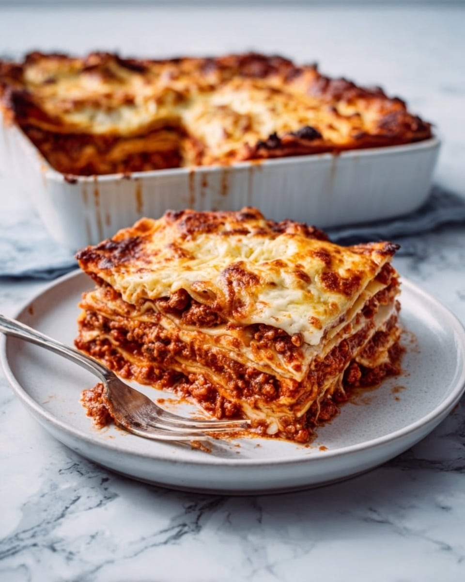 A thick slice of lasagna sits on a white plate, showing multiple layers of soft pasta, rich red tomato sauce with visible bits of meat, and creamy melted cheese that is slightly golden on top. The layers alternate clearly, with the sauce and pasta stacking evenly. The lasagna in a white baking dish behind the plate has a bubbly, golden cheese crust on top. The surface beneath the plate and dish is a white marble texture. A fork rests on the plate near the lasagna slice. Photo taken with an iphone --ar 4:5 --v 7