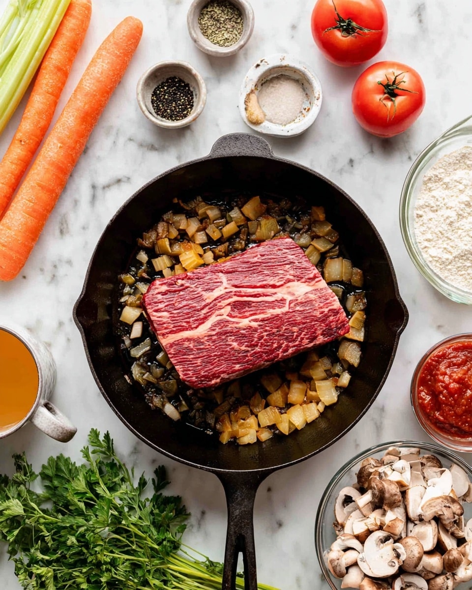 A round black cast iron pan is placed on a white marbled surface, with a raw marbled red piece of meat resting on a layer of cooked, golden-brown diced onions that cover the bottom of the pan. Surrounding the pan are various ingredients: two orange carrots and two celery stalks on the top left, small bowls of black pepper and salt near two red tomatoes at the top right, a glass measuring cup with broth on the right, a glass bowl filled with sliced mushrooms on the bottom right, a small container of red tomato paste, a bowl of white flour, a bowl with fresh green herbs, a glass mug of light orange liquid, and a bunch of fresh green parsley on the bottom left. The scene is bright and clean. photo taken with an iphone --ar 4:5 --v 7