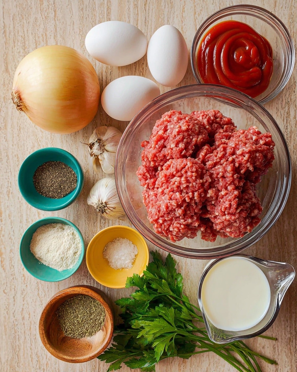 The image shows several fresh ingredients neatly arranged on a light brown wooden surface with a white marbled texture in the background. In the middle, a clear glass bowl is full of raw ground meat with a pinkish-red color and slightly crumbly texture. To its left, a whole yellow onion with smooth skin, three garlic cloves, and two whole white eggs are placed. Next to them, a small clear bowl contains a swirl of bright red ketchup. Around these, there are three small dishes: a turquoise bowl with ground pepper, a wooden bowl with white salt, and a yellow bowl with dried herbs. Below the meat, fresh green parsley leaves with a crisp texture lie flat. At the right side, a metal measuring cup contains white milk with a smooth surface. This photo was taken with an iphone --ar 4:5 --v 7
