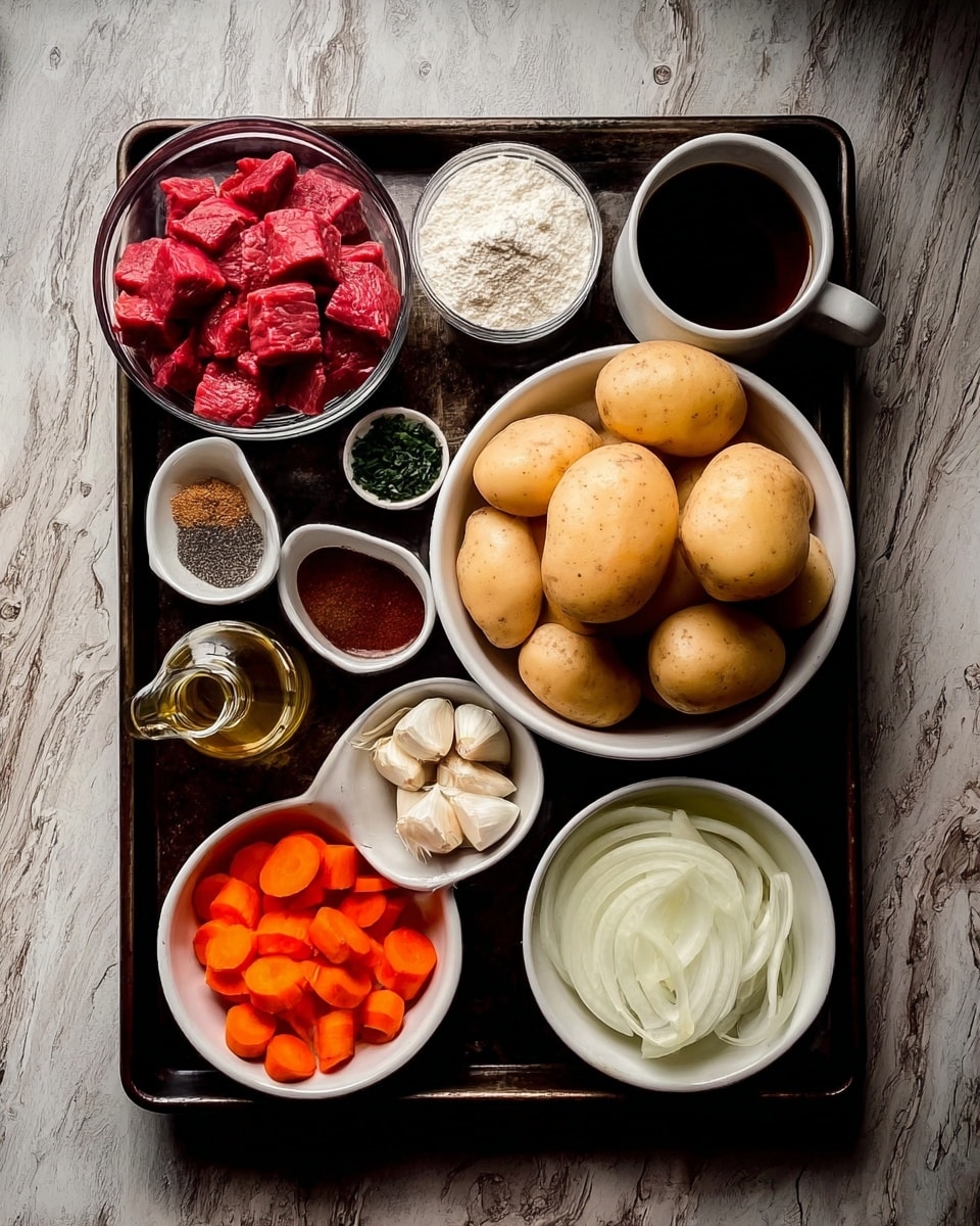 A top-down view of various cooking ingredients placed neatly on a dark metal tray set on a white marbled surface. Starting from the top left, there is a clear bowl filled with raw red meat cubes. Below it, a small white bowl holds flour. Next to it is another small white bowl containing mixed spices in different colors like black, white, and brown. To the right, a large white bowl with six whole light brown potatoes. In the center, a small glass bottle with golden oil. Surrounding it are multiple small bowls: one white bowl with bright orange baby carrots, a small bowl with sliced white onions, a few cloves of garlic on a tiny white dish, a small white bowl some sort of dark red paste, a clear cup with dark brown liquid, and a clear cup-filled light brown broth. The setup looks ready for a hearty meal. Photo taken with an iphone --ar 4:5 --v 7