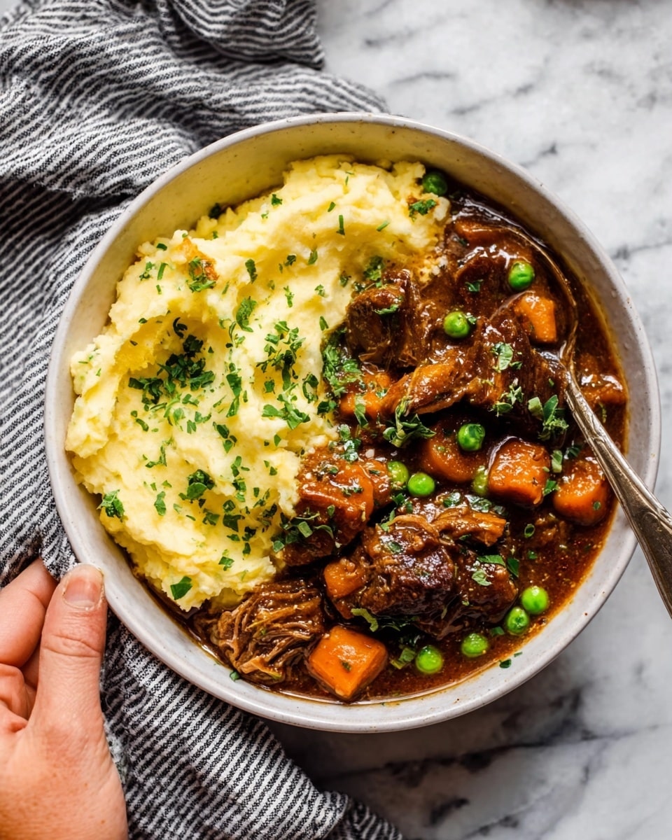 The image shows a white bowl filled with two clear layers: on the left side is creamy mashed potatoes with a smooth, soft, pale yellow texture, sprinkled lightly with chopped green herbs on top, and on the right side is a rich, dark brown stew with chunks of tender meat and pieces of orange carrots, garnished with small green peas and more chopped herbs. A spoon is resting inside the bowl, held by a woman’s hand, with the bowl placed on a white marbled surface and a striped cloth underneath. Photo taken with an iphone --ar 4:5 --v 7