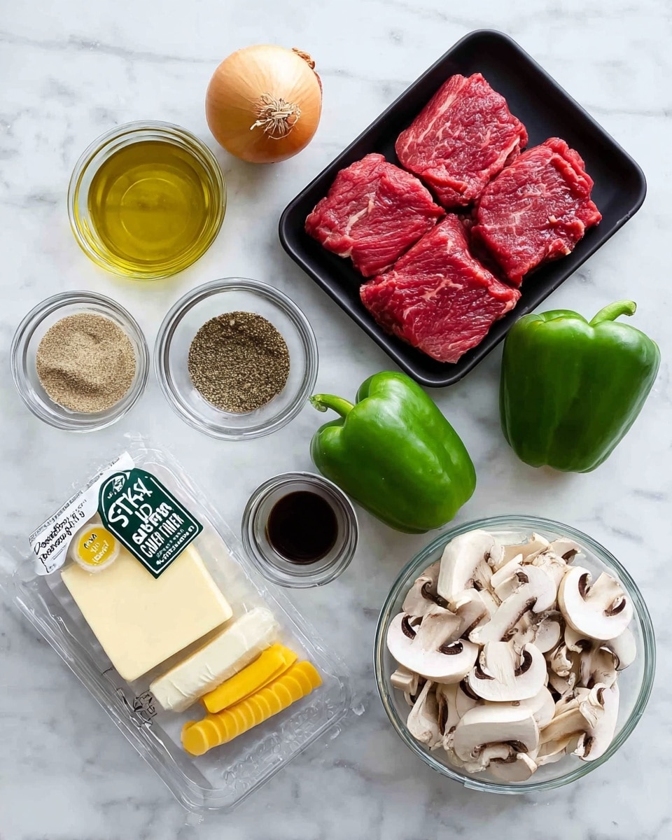 The image shows raw cooking ingredients arranged on a white marbled surface. There is a black tray with thin slices of raw red beef steak, two whole green bell peppers, a whole yellow onion, a small transparent bowl of olive oil, a small transparent bowl of Worcestershire sauce, a small transparent bowl with light brown granulated seasoning, a small transparent bowl with two blocks of butter, a small transparent bowl with ground black pepper, a transparent bowl filled with sliced white and light brown mushrooms, and a pack of sliced provolone cheese with yellow and white slices visible through the packaging. The items are spread out neatly and clearly visible. Photo taken with an iphone --ar 4:5 --v 7
