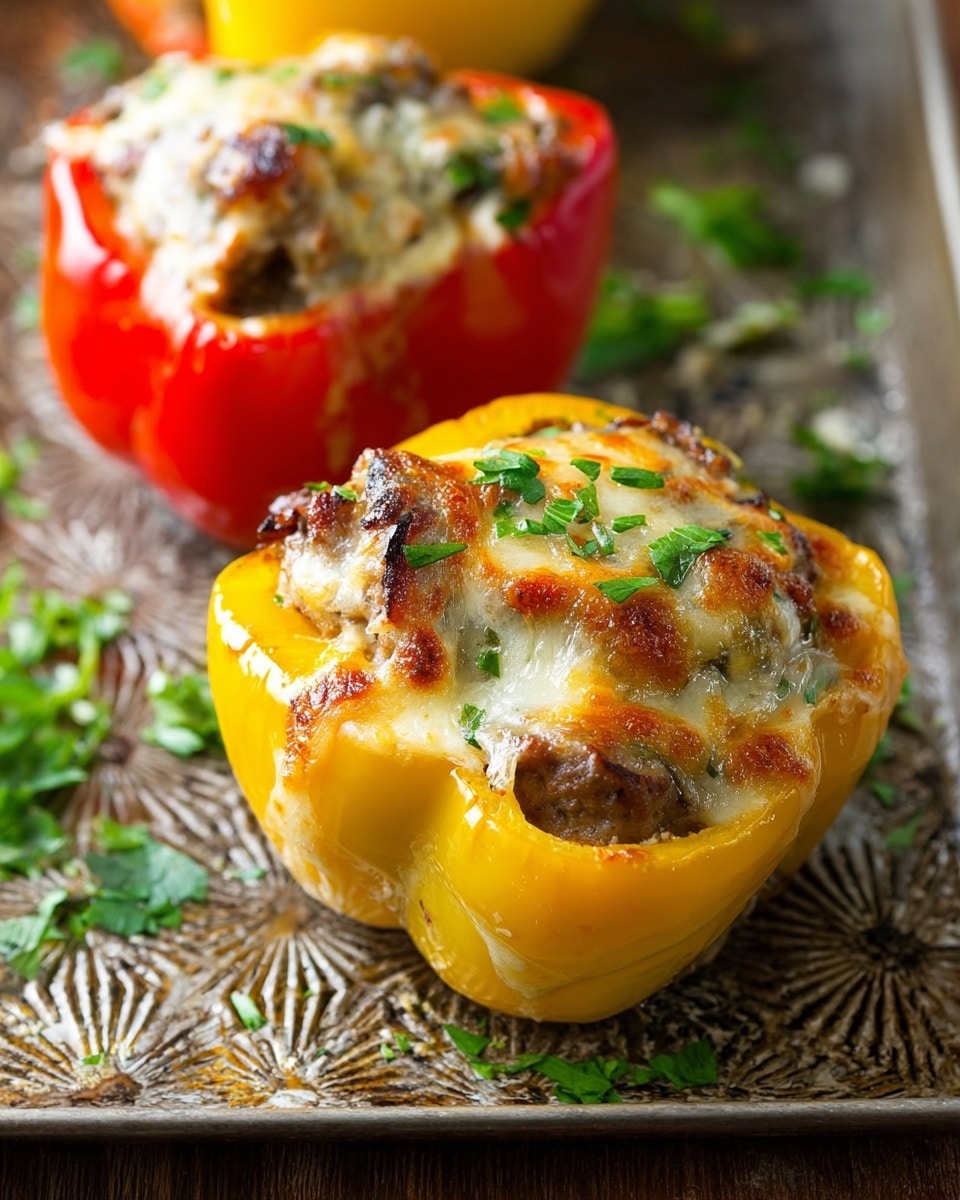 Two stuffed bell pepper halves, one yellow in the front and one red behind it, both filled with browned cooked meat and topped with melted, golden-bubbly cheese with small green herb bits sprinkled on top. The peppers have smooth, shiny skin and sit on a textured metal tray with an intricate pattern. The background is wooden, and some scattered fresh green herbs are around the tray. Photo taken with an iphone --ar 4:5 --v 7