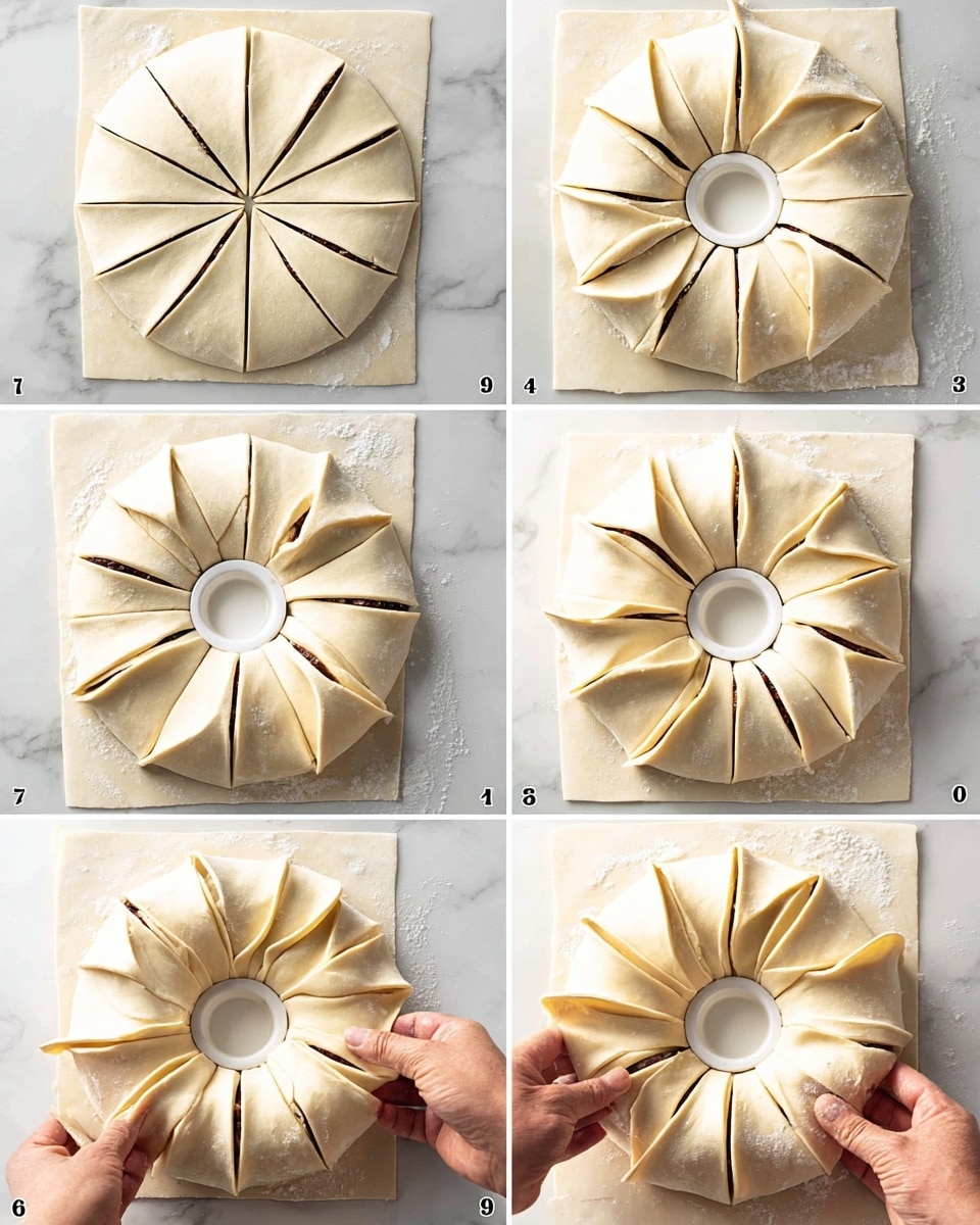 The image shows a step-by-step process of making a twisted dough star on a white marbled surface with parchment paper underneath. The dough is in the shape of a large circle with a white ramekin placed in the middle as a guide. In the first frame, the dough is divided into 4 large sections with three cuts. In the second frame, the circle is cut into 8 sections with more cuts around the ramekin. In the third frame, the dough is cut into 16 thin wedge shapes radiating from the center. In the fourth frame, a woman's hands start twisting pairs of dough wedges outward, forming twisted petal shapes that show thin layers of dough with a chocolate or cinnamon filling. The last two frames show the woman's hands continuing to twist each pair of wedges evenly, creating a circular star pattern with 16 twisted points around the smooth center circle. The dough is pale beige with visible dusty flour on the surface. photo taken with an iphone --ar 4:5 --v 7