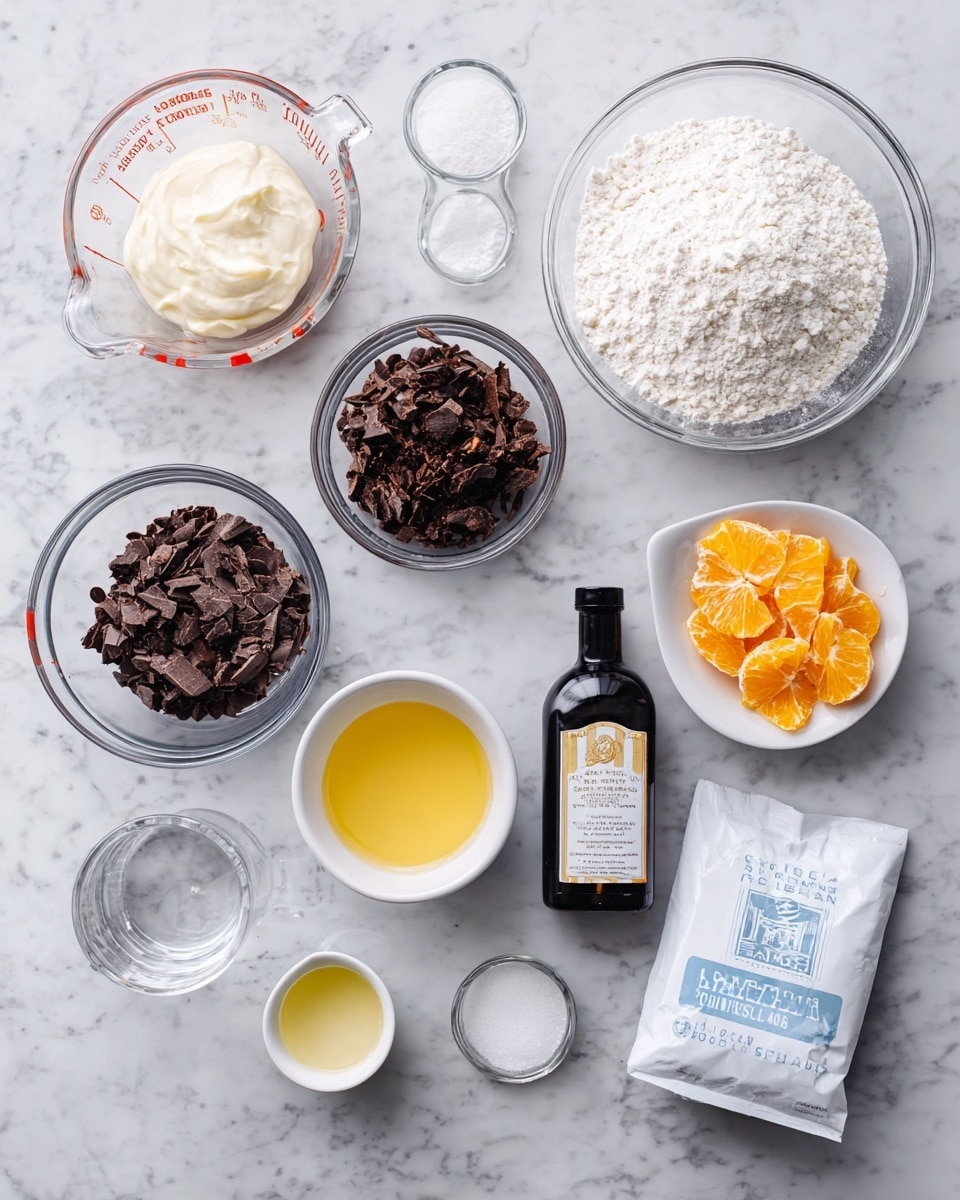 The image shows a top-down view of several clear glass bowls and measuring cups arranged on a white marbled surface. There are nine containers holding different ingredients: a large bowl filled with white flour at the top right, a measuring cup with cream to its left, a large bowl of dark brown chopped chocolate below the cream, and a small bowl of orange pieces near the bottom center. Near the bowls are small measuring cups with white sugar and yeast, a small cup with yellow liquid, a small cup with a pale yellow liquid, and a clear measuring cup with water. In the middle is a dark bottle labeled vanilla extract, and to the right bottom side lies a white packet labeled Swedish pearl sugar. photo taken with an iphone --ar 4:5 --v 7