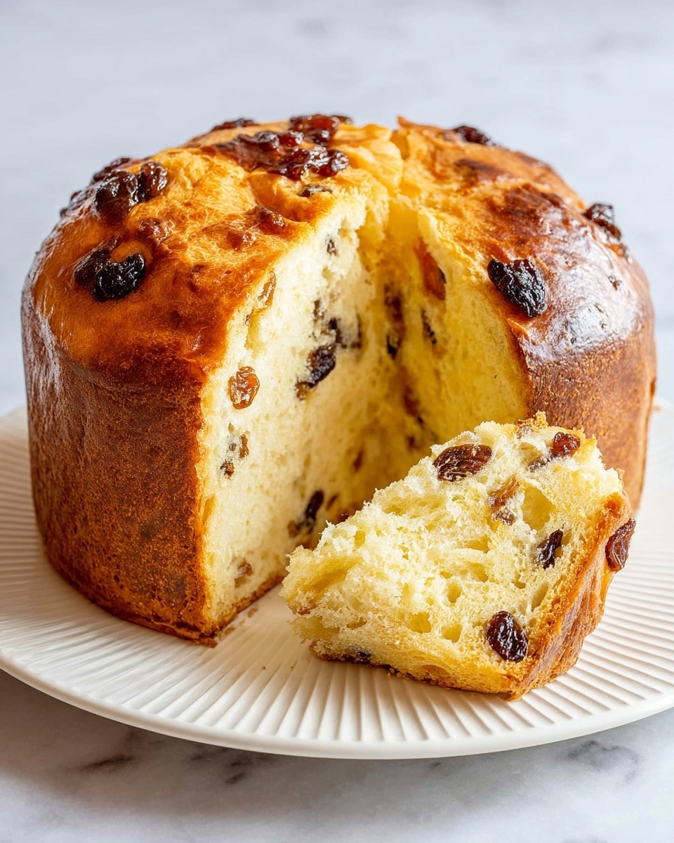 A tall round bread with a golden brown crust that looks shiny and slightly cracked on top, showing dark dried fruits baked into it. One thick wedge is removed, revealing the inside with a soft, pale yellow texture full of small dark raisins evenly placed throughout. The bread sits on a white plate with thin ridges around the edge, placed on a white marbled surface. photo taken with an iphone --ar 4:5 --v 7