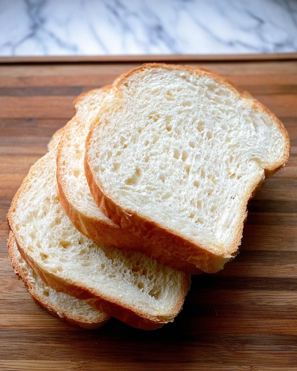 The image shows three slices of soft white bread with a light golden-brown crust, placed stacked on one another on a wooden cutting board that has a natural grain texture. The bread's inside is fluffy with small air holes, and the crust looks slightly crispy and thin. The background is made a white marbled texture. photo taken with an iphone --ar 4:5 --v 7