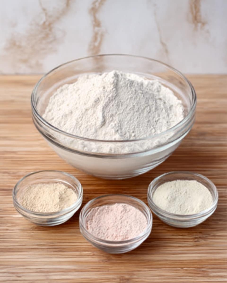 A clear white bowl filled with white flour sits centered on a wooden surface. Below the large bowl are three small clear glass bowls lined up horizontally, each with a different powder: the left one has a light beige powder, the middle one shows a pinkish powder, and the right one contains a pale off-white powder. The background is changed to a white marbled texture. photo taken with an iphone --ar 4:5 --v 7