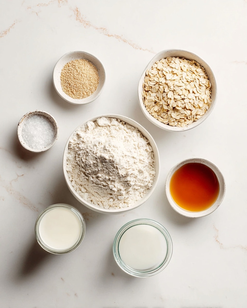 The image shows six white bowls and a glass jar arranged on a white marbled surface. The largest bowl in the center contains a heap of white flour with a slightly rough texture. Toward the top right is a bowl filled with light beige rolled oats, which have a flaky texture. To the right bottom sits a small bowl with smooth, shiny amber honey. On the top left, a small bowl holds fine, light brown dry yeast granules. Below it is a glass jar filled with white milk. The bottom left corner has a tiny bowl with white salt crystals, giving a grainy look. The arrangement is neat and well spaced. Photo taken with an iphone --ar 4:5 --v 7