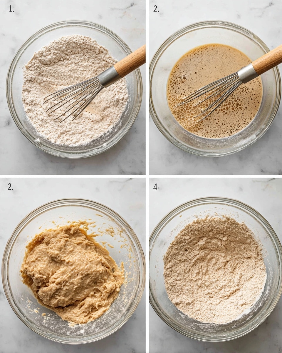 The image shows three stages of dough mixing in a clear glass bowl on a white marbled surface. The first stage presents a layer of dry flour mixture in light beige with a whisk resting inside, showing a rough powdery texture with a circle indentation in the middle. The second stage shows the flour mixture partially mixed with a light brown liquid, creating a foamy and wet texture with bubbles on the surface, and the whisk is still in the bowl. The third stage displays the dough in a rough, sticky, and clumpy light brown form covering the bottom of the bowl with some flour dusted along the edges. photo taken with an iphone --ar 4:5 --v 7