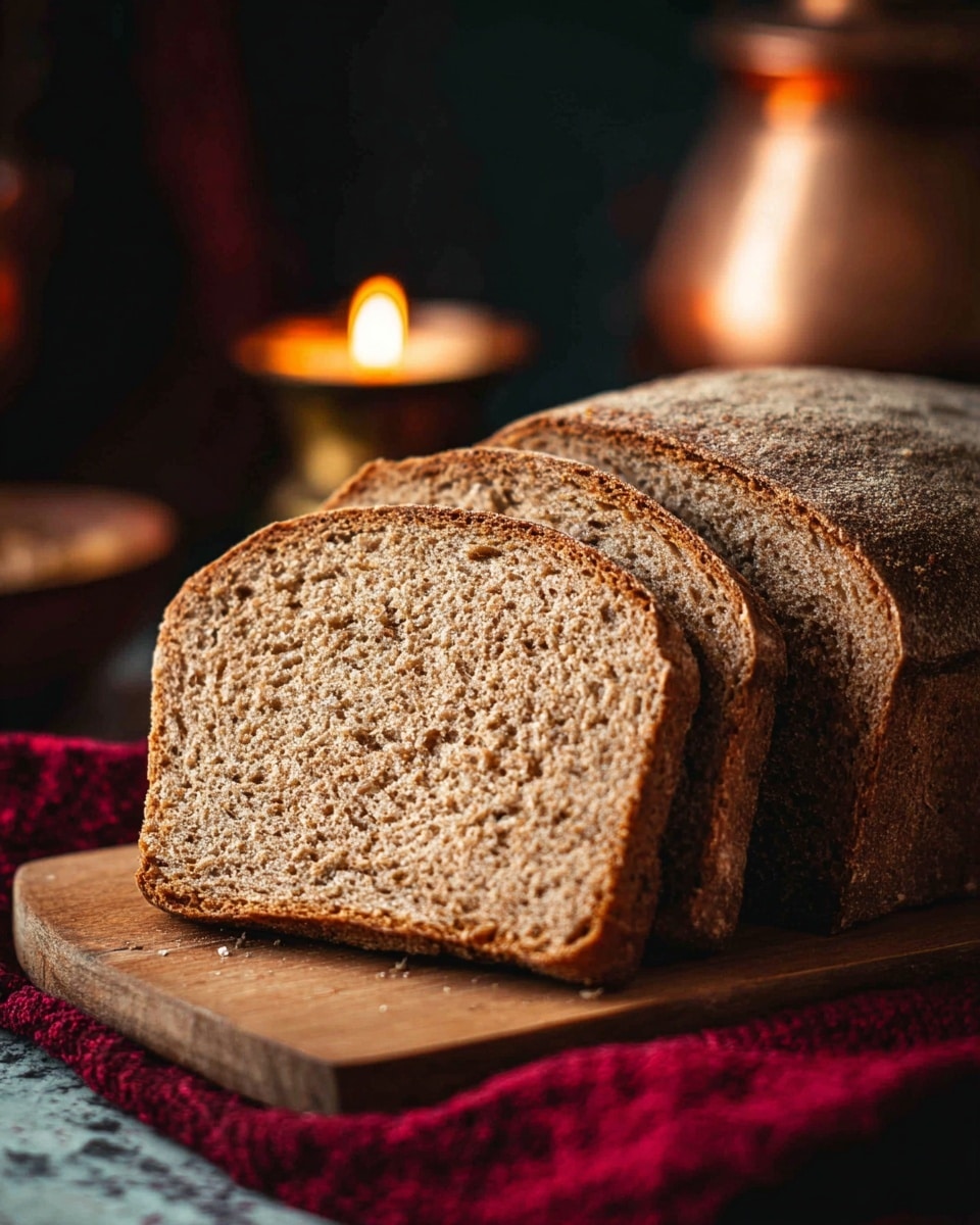 The image shows three slices of brown bread with a rough crust and porous texture, stacked slightly leaning against each other on a wooden cutting board. The bread has a dense crumb with a light brown, grainy interior and a darker brown crust on top. The board lies on a red cloth, set against a dark background with a lit candle blurred in the back left side and a copper teapot blurred in the back right, all on a white marbled surface. photo taken with an iphone --ar 4:5 --v 7